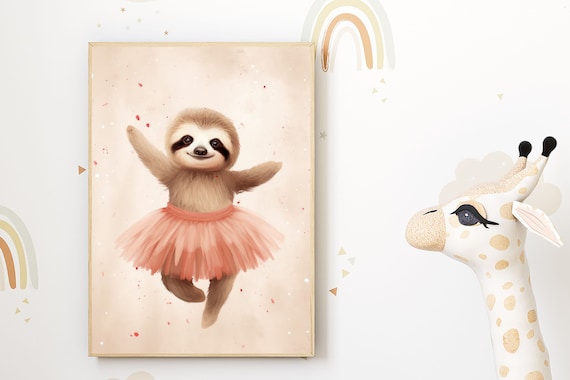 Playful Cute Sloth in Pink Tutu Ballerina Dancing Nursery Poster