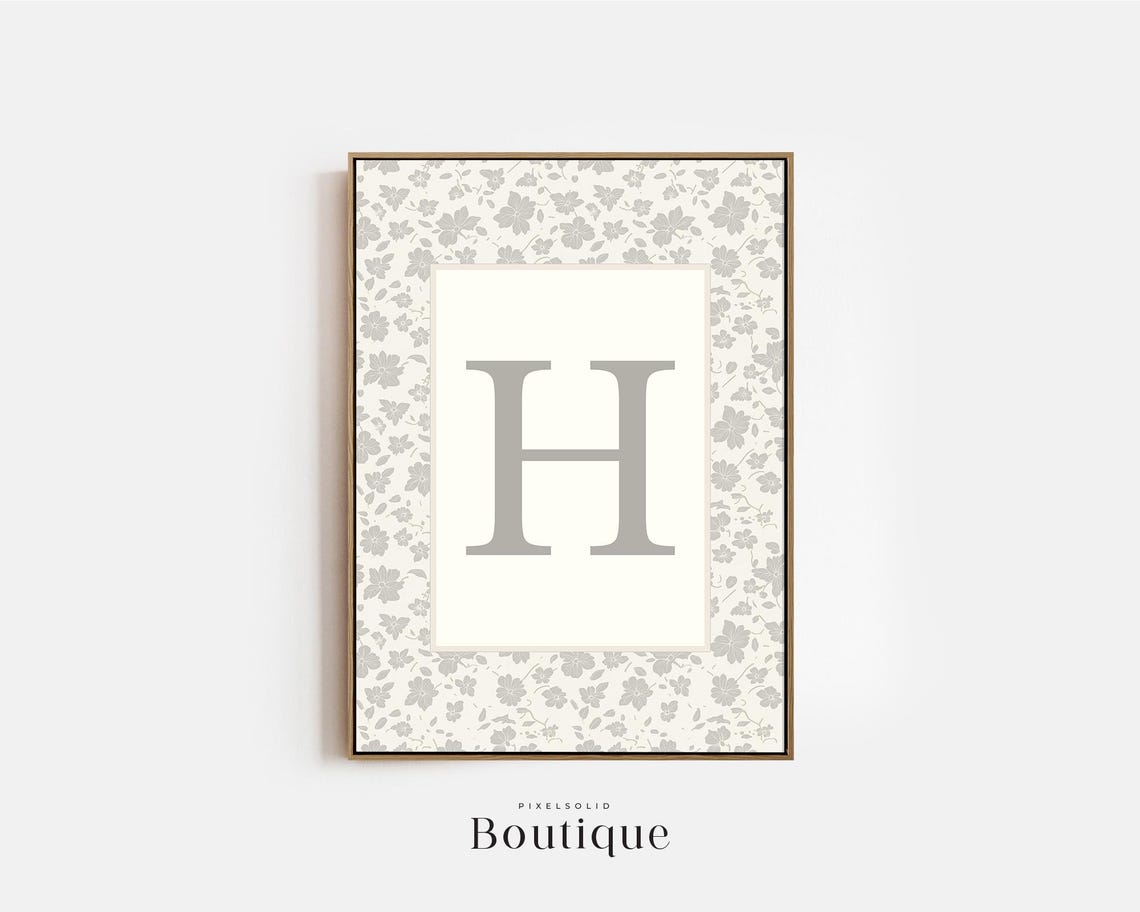 Elegant Floral Monogram Letter H Neutral Gray Nursery Initial Print