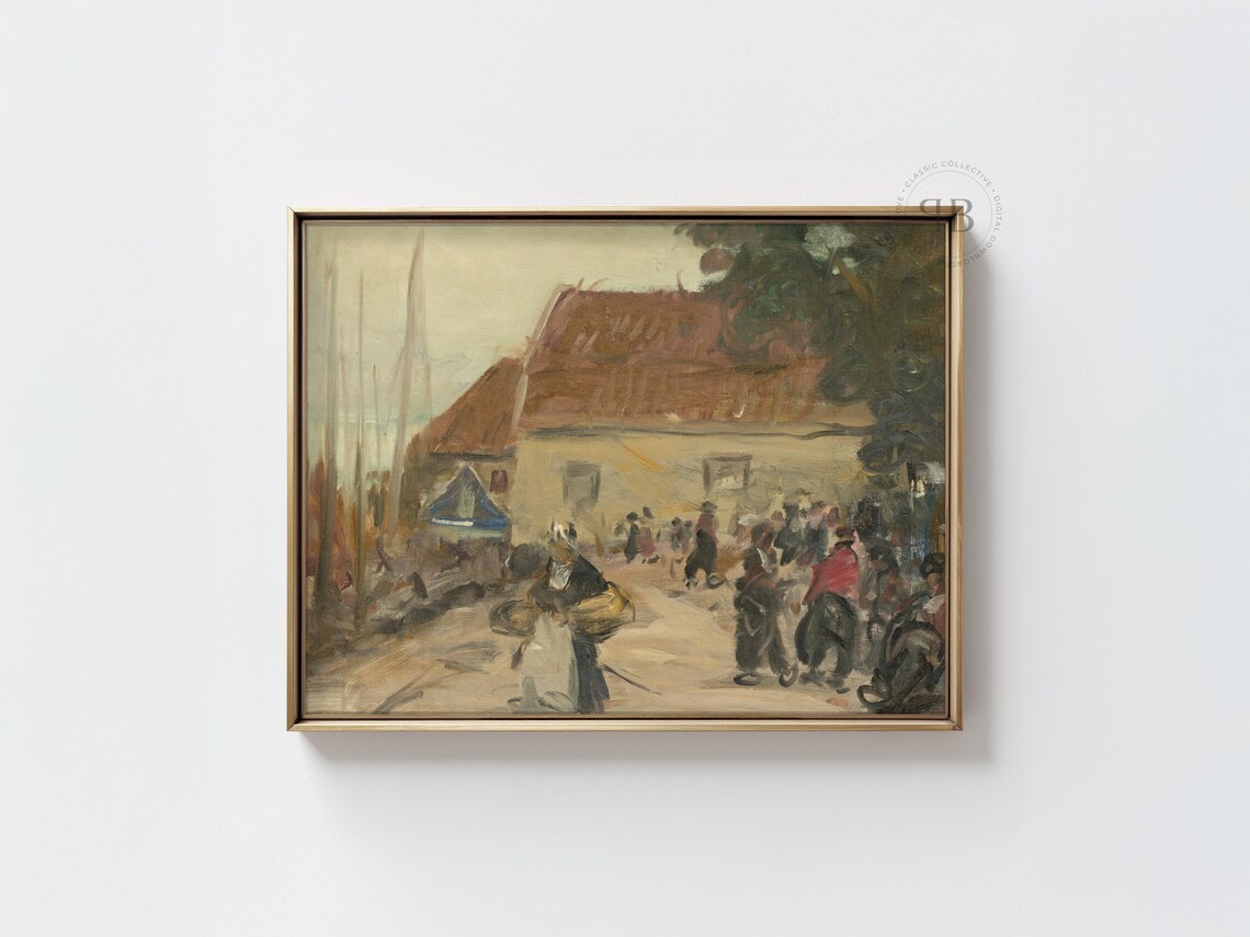 Seaside Village Market Scene Impressionist Coastal Painting Wall Poster
