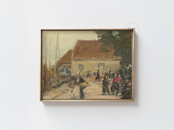 Seaside Village Market Scene Impressionist Coastal Painting Wall Poster