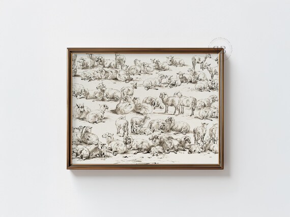 Sheep Flock Illustration Print Vintage Farm Animal Wall Art Pastoral Livestock Drawing Rustic Countryside Decor No838