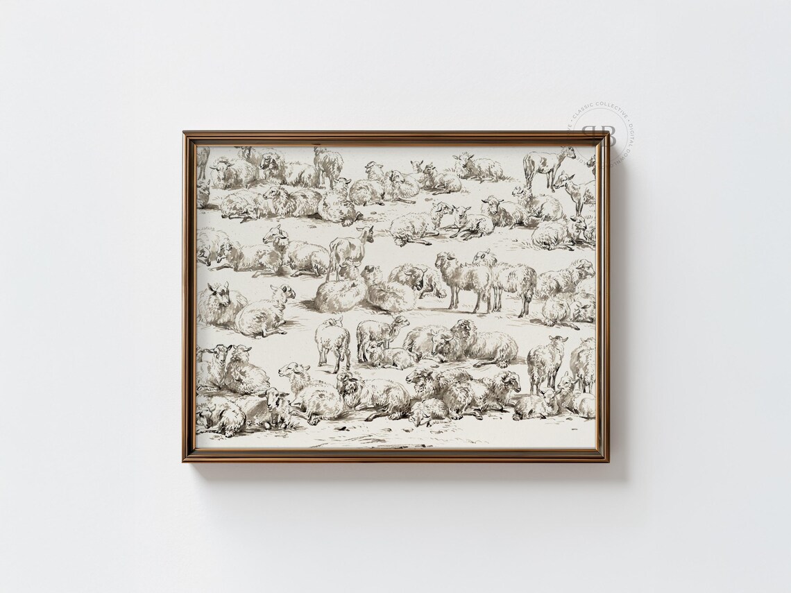 Vintage Sheep Flock Pencil Sketch Pastoral Farm Animals Poster