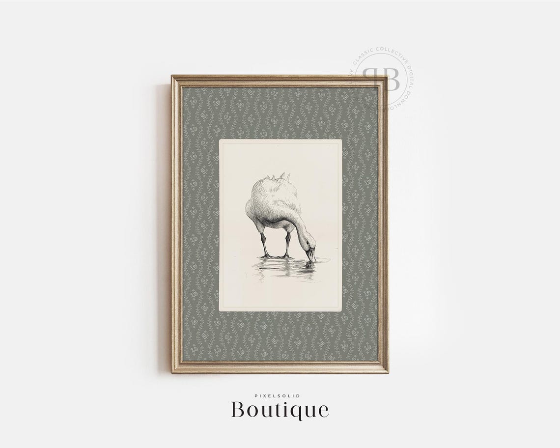 Drinking Goose Monochrome Bird Sketch Vintage Farmhouse Poster