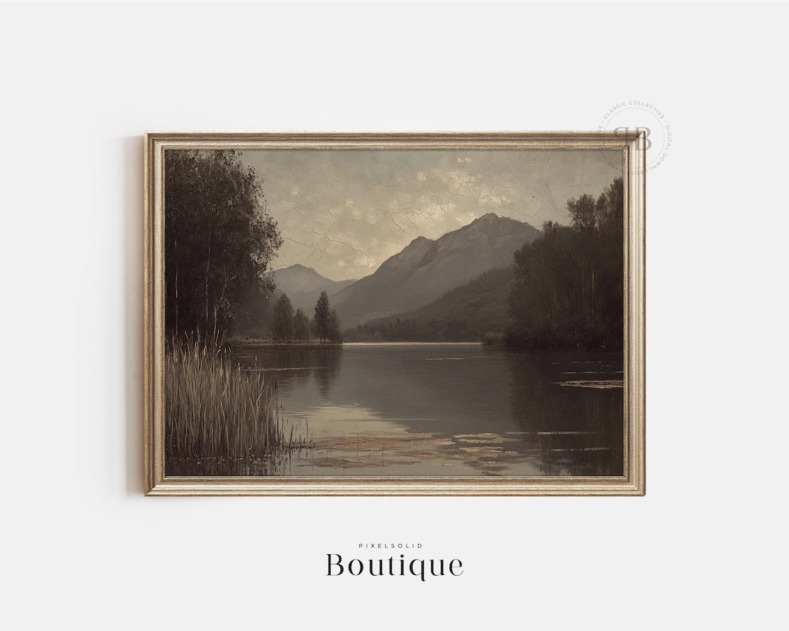 Moody Mountain Lake Vintage Oil Landscape Rustic Cabin Wall Art
