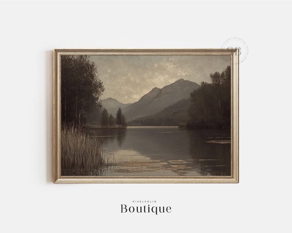 Mountain Lake Art Print Peaceful Landscape Wall Rustic Nature Decor For Living Room Vintage Style No613