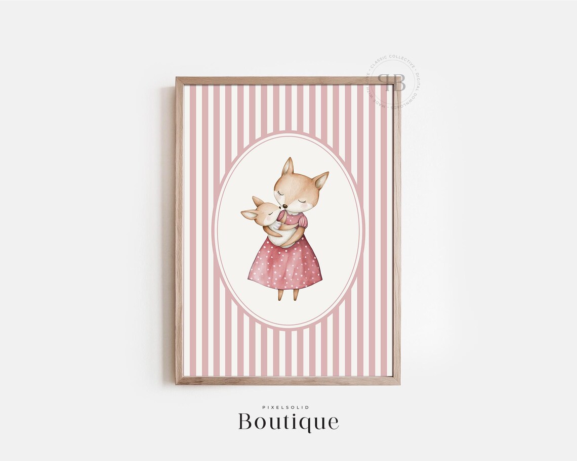 Mother Baby Fox Nursery Pink Striped Watercolor Decor Wall Art