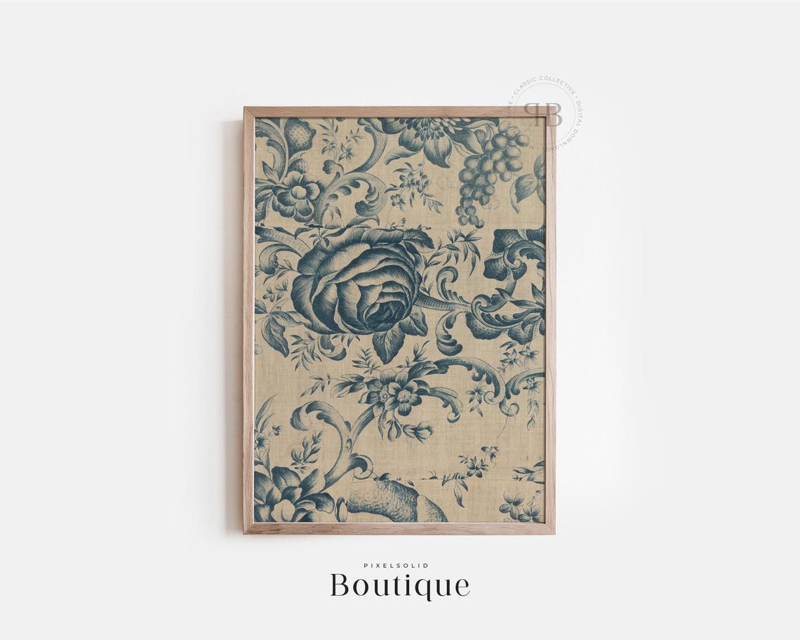 French Blue Toile Floral Rose Pattern Country Decor Wall Art