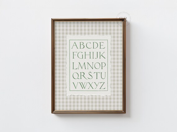 ABC Alphabet Green Lettering Gingham Nursery Classroom Typography Poster