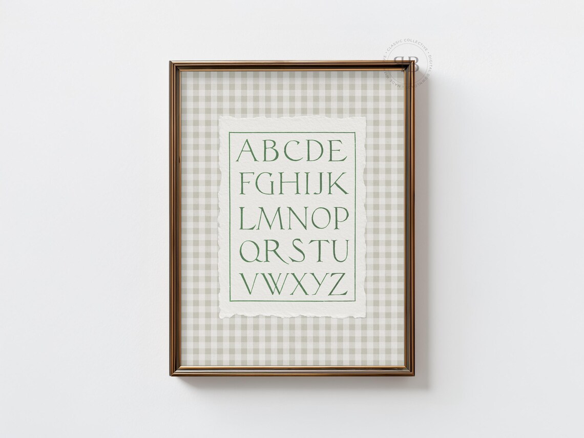ABC Alphabet Green Lettering Gingham Nursery Classroom Typography Poster