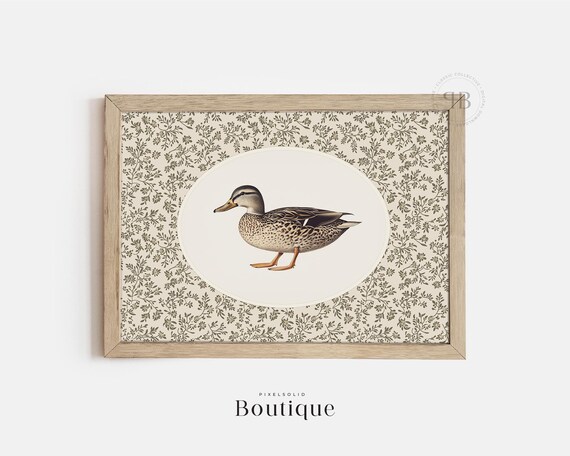 Mallard Duck Illustration Print Farmhouse Wall Art With Floral Border Cozy Natureinspired Decor For Kitchens Homes No535