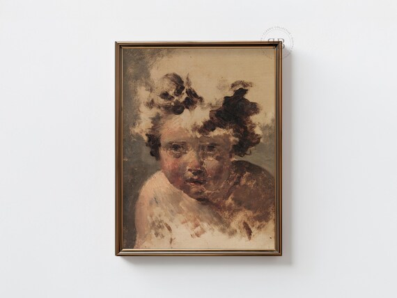 Cherub Painting Print Impressionist Child Portrait Angelic Nursery Decor Antique Oil Sketch Warm Vintage Style No856