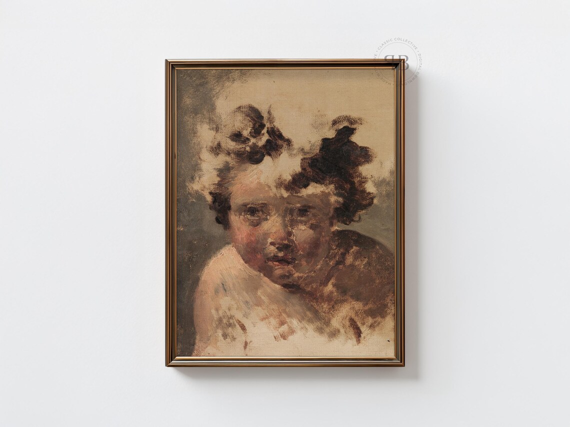 Antique Cherub Child Portrait Oil Sketch Vintage Nursery Wall Art