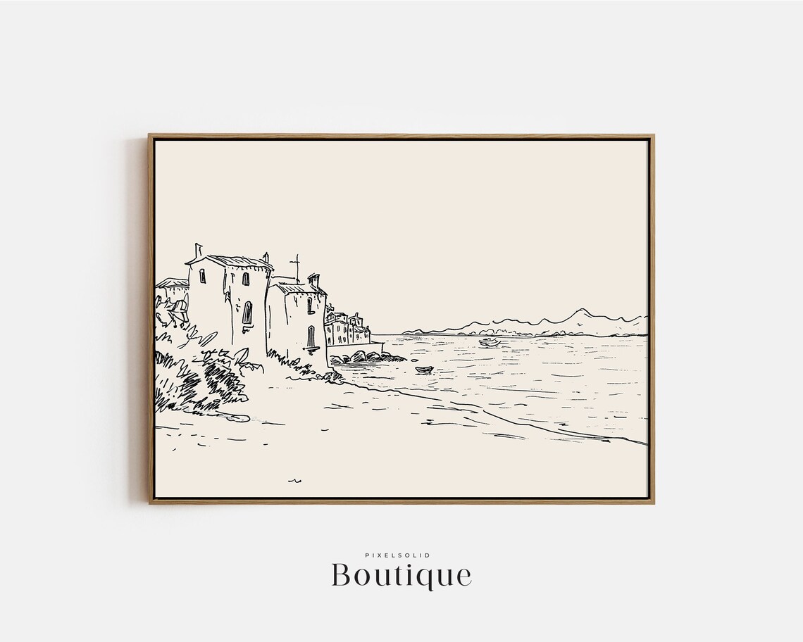 Italian Coastal Town Black And White Ink Sketch Nautical Wall Art