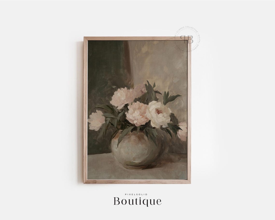 White Peony Still Life Muted Vintage Floral Painting Wall Art