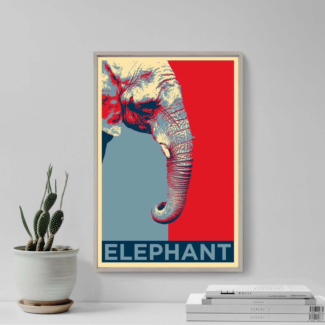 Pop Art Elephant Head Bold Red Blue Retro Style Animal Wall Poster