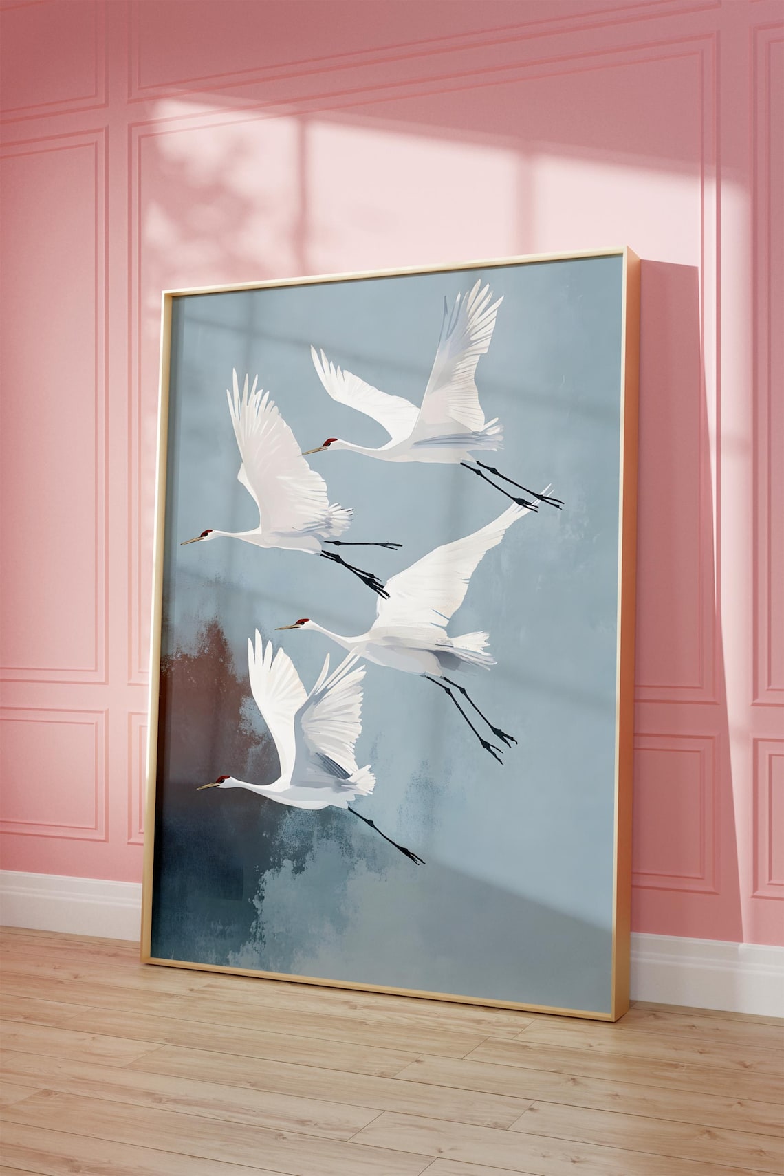 Flying Cranes Japandi Style Art Print, Vintage Japanese