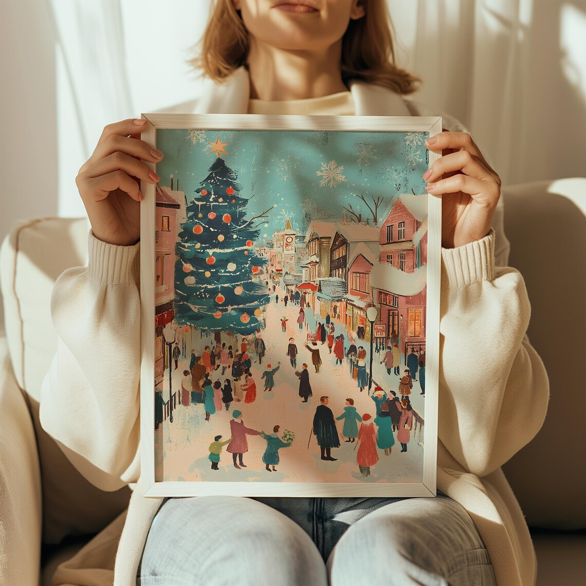 Christmas Eve Town Square Tree Festive Crowd Vintage Holiday Poster - Image 2