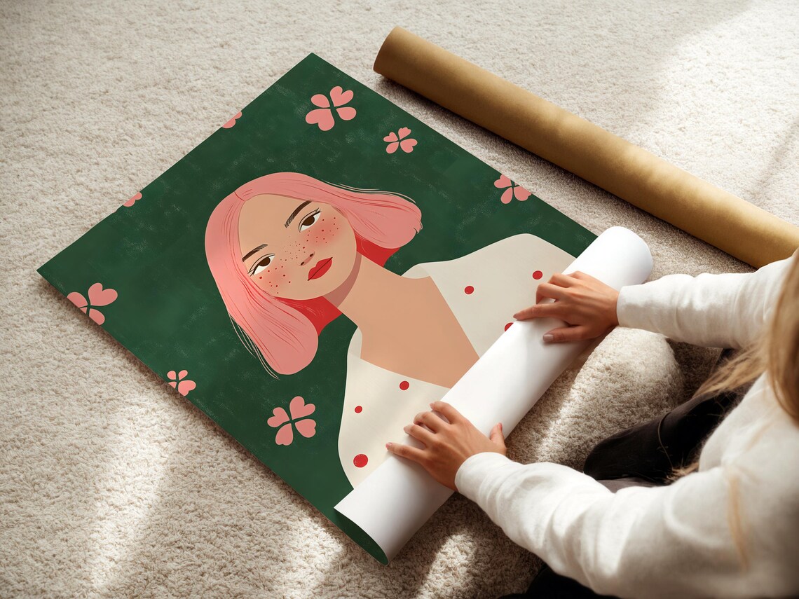 Pink Haired Woman In Polka Dot Blouse Floral Portrait Art Poster - Image 3