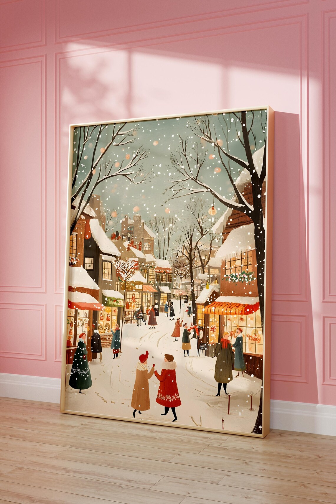 Snowy Christmas Market Street Evening Lights Festive Town Scene Poster