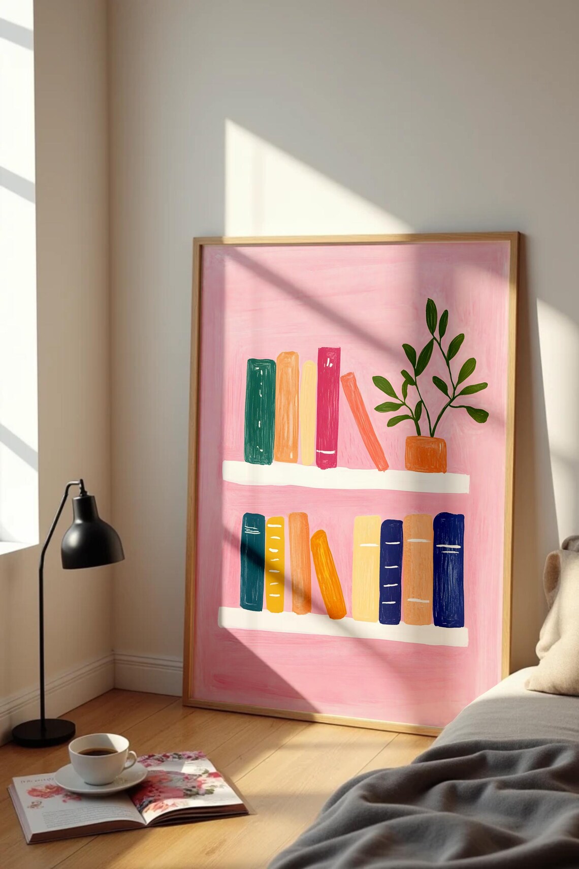 Pink Background Bookshelf With Colorful Books And Green Plant Poster - Image 2