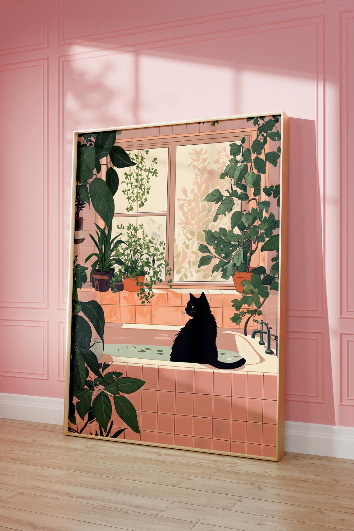 Black Cat On Pink Bathtub Surrounded By Lush Green Plants Poster - Image 3