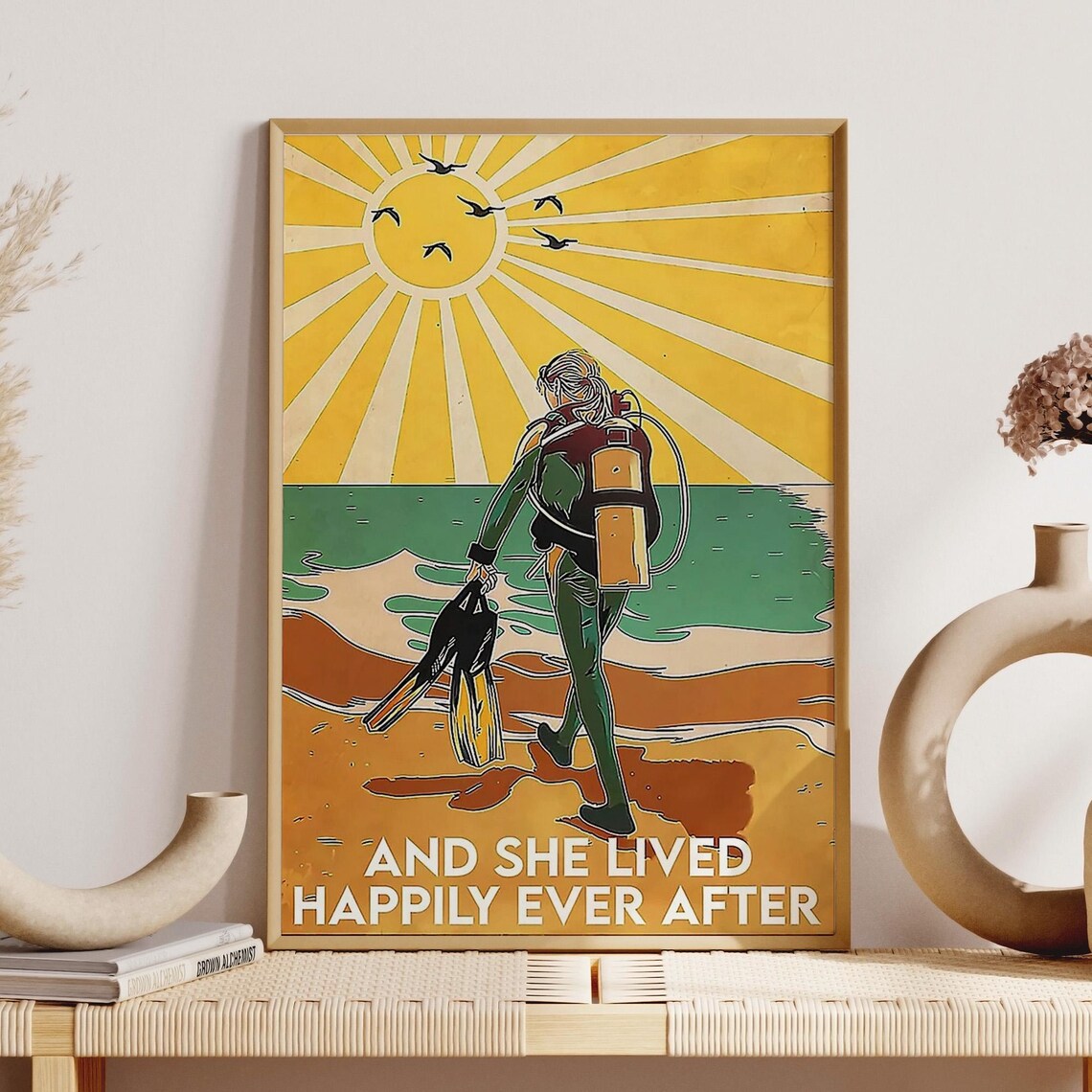 Vintage Scuba Girl Sunset Beach She Lived Happily Ever After Poster