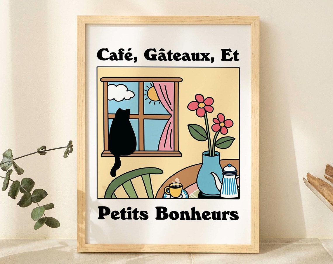 Cafe Gateaux Petits Bonheurs Cozy French Cat Coffee Kitchen Poster