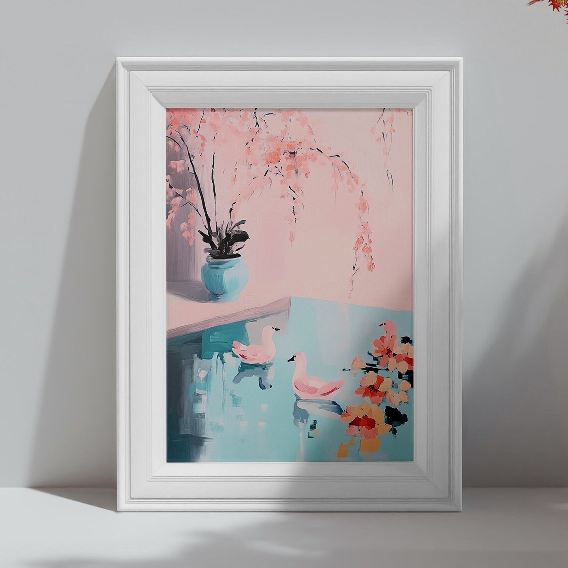 Pink Ducks Swimming in Turquoise Pond Chinoiserie Pastel Wall Poster - Image 4