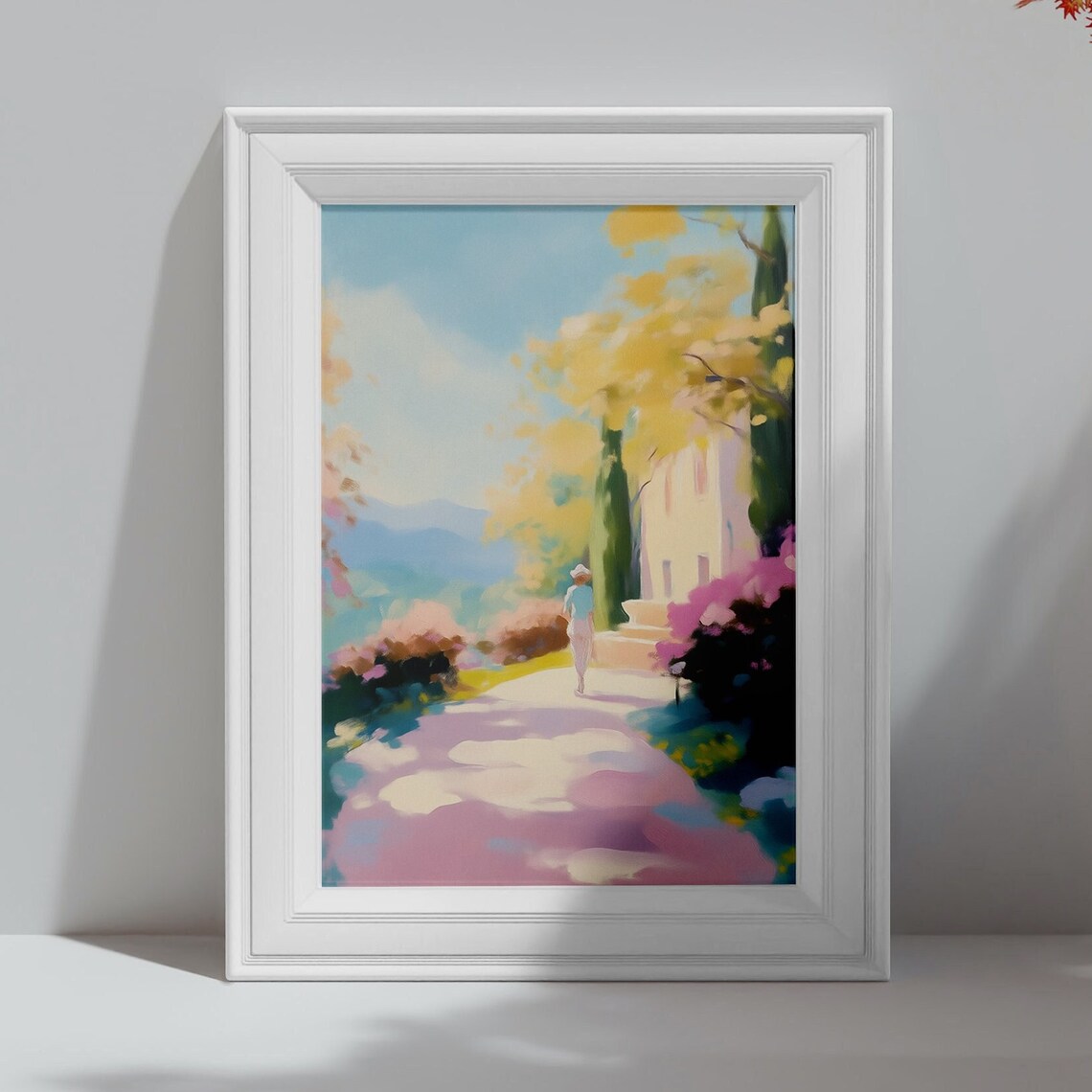 Mediterranean Villa Garden Walk Cypress Trees Pastel Art Print - Image 4