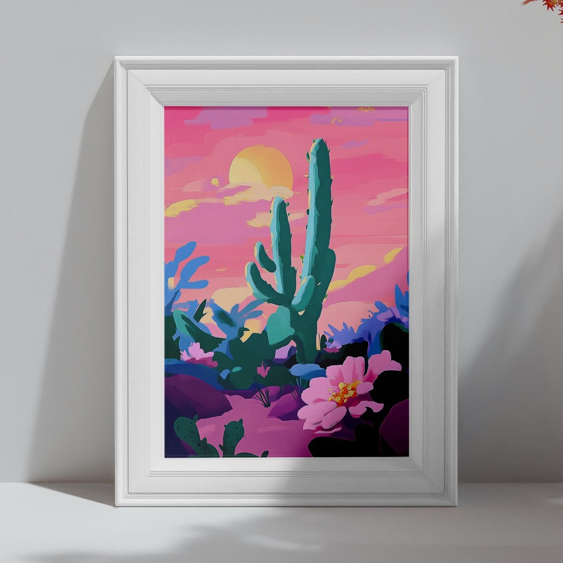 Pink Desert Sunset Saguaro Cactus Flower Colorful Art Poster - Image 4