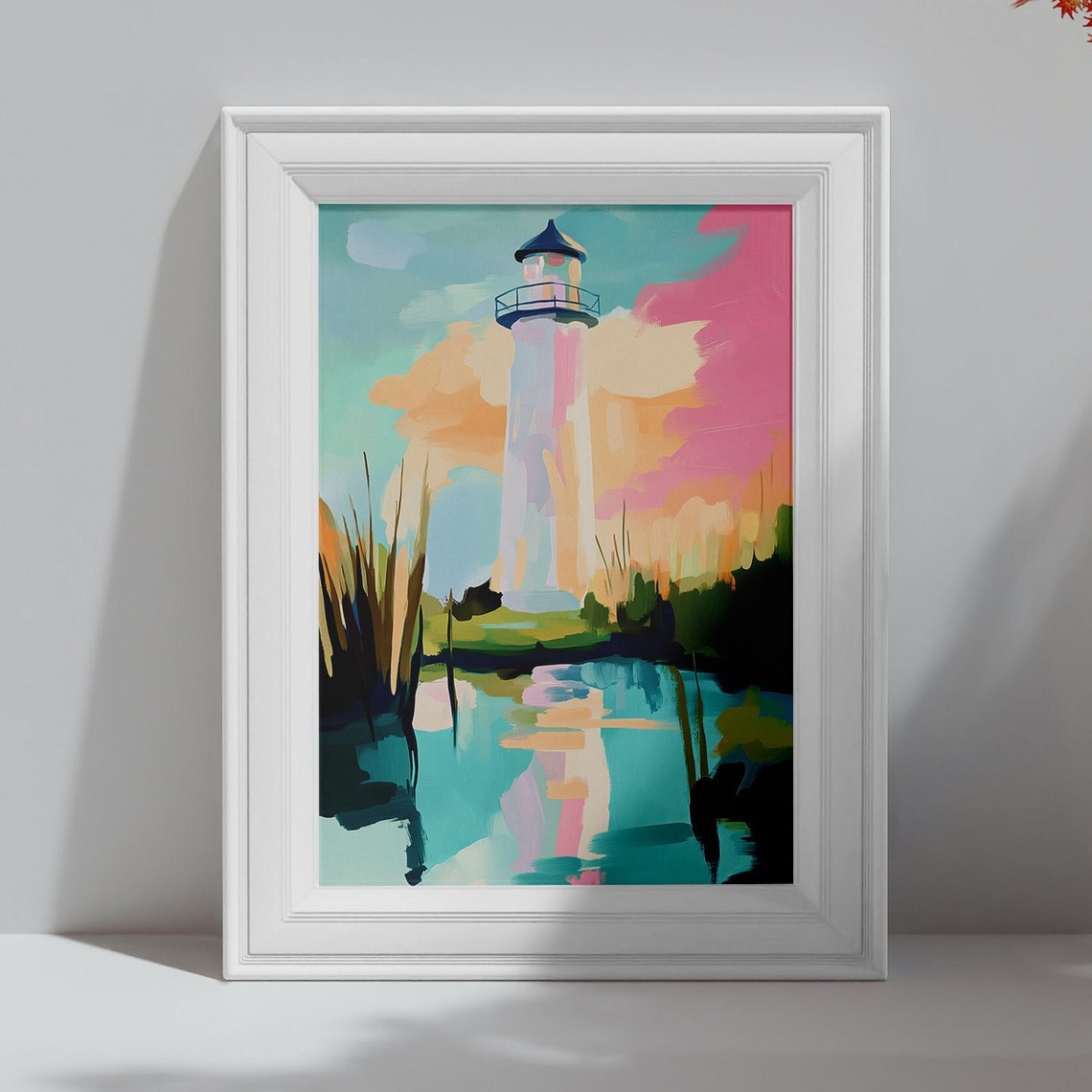White Lighthouse Pastel Sunset Sky Coastal Harbor Wall Art Print - Image 4