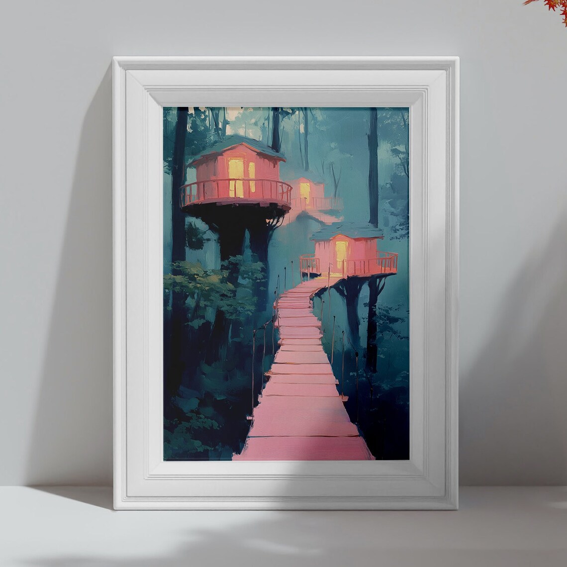 Glowing Treehouses in a Misty Forest Wooden Walkway Fantasy Art Poster - Image 4