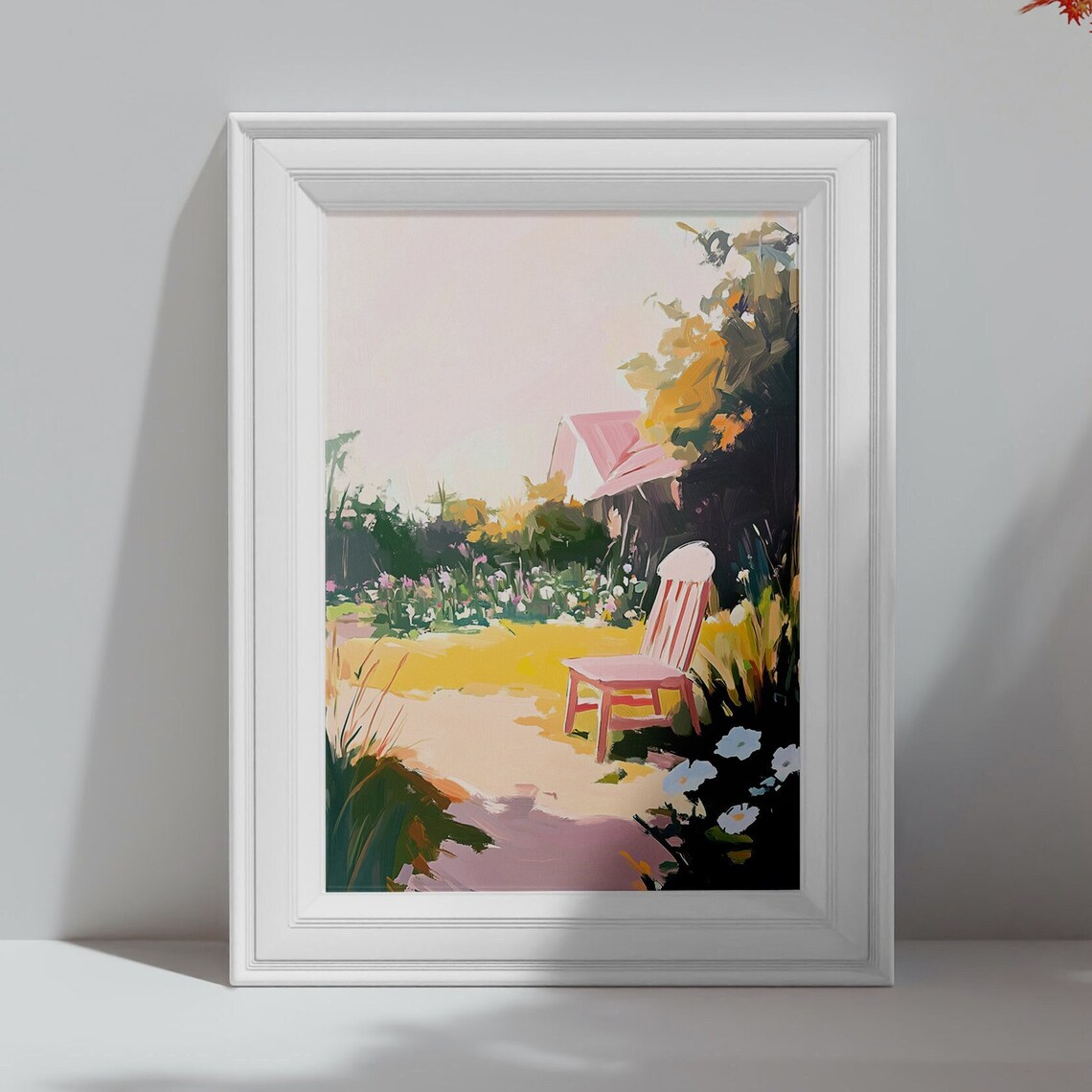 Pink Garden Chair in Sunny Flower Garden Pastel Wall Art Poster - Image 4