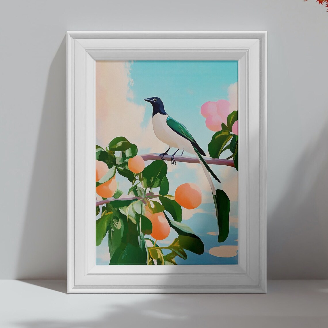 Colorful Bird on Apricot Branch Teal Winged Songbird Art Poster - Image 4