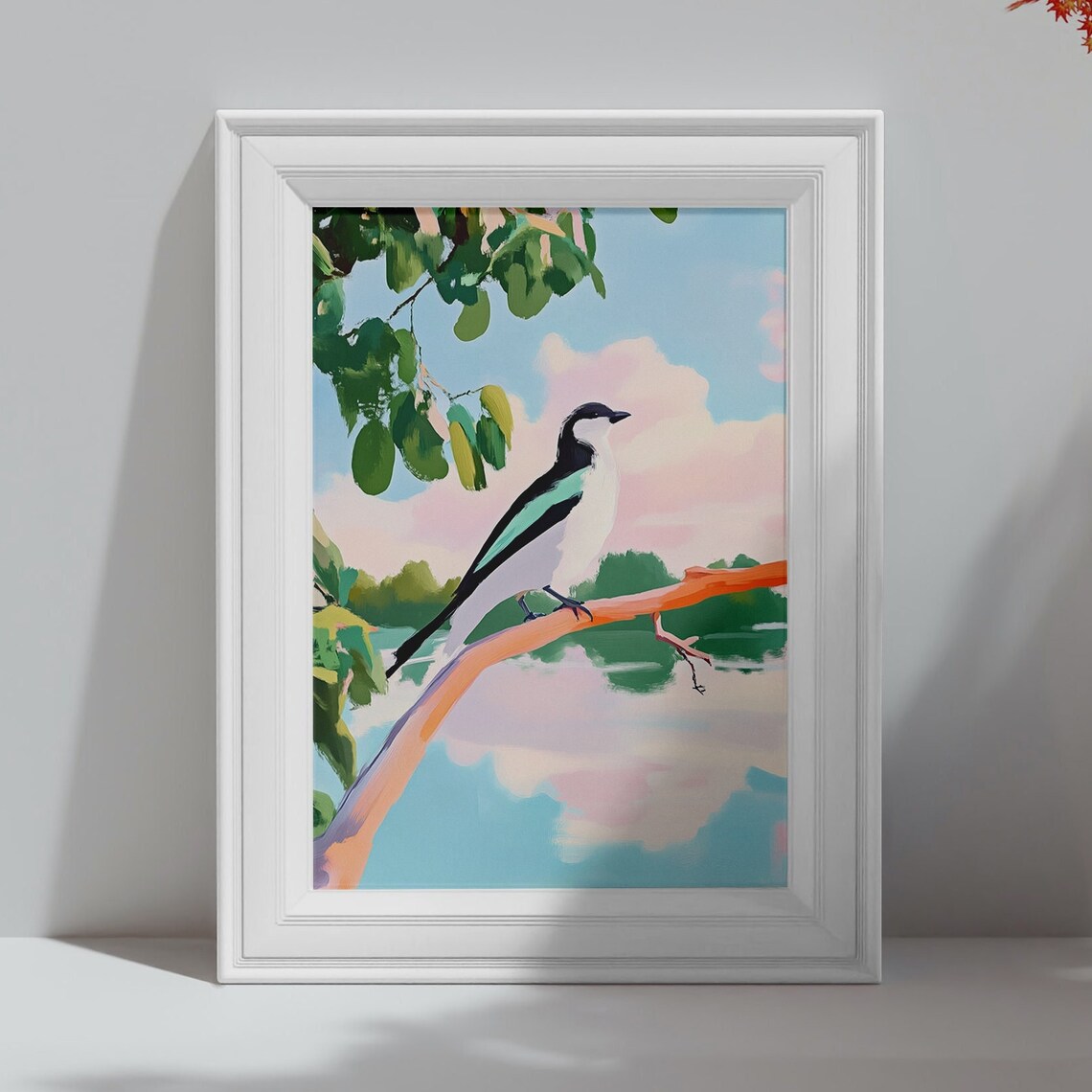 Songbird Black White Bird Perched on Lakeside Branch Art Poster - Image 4