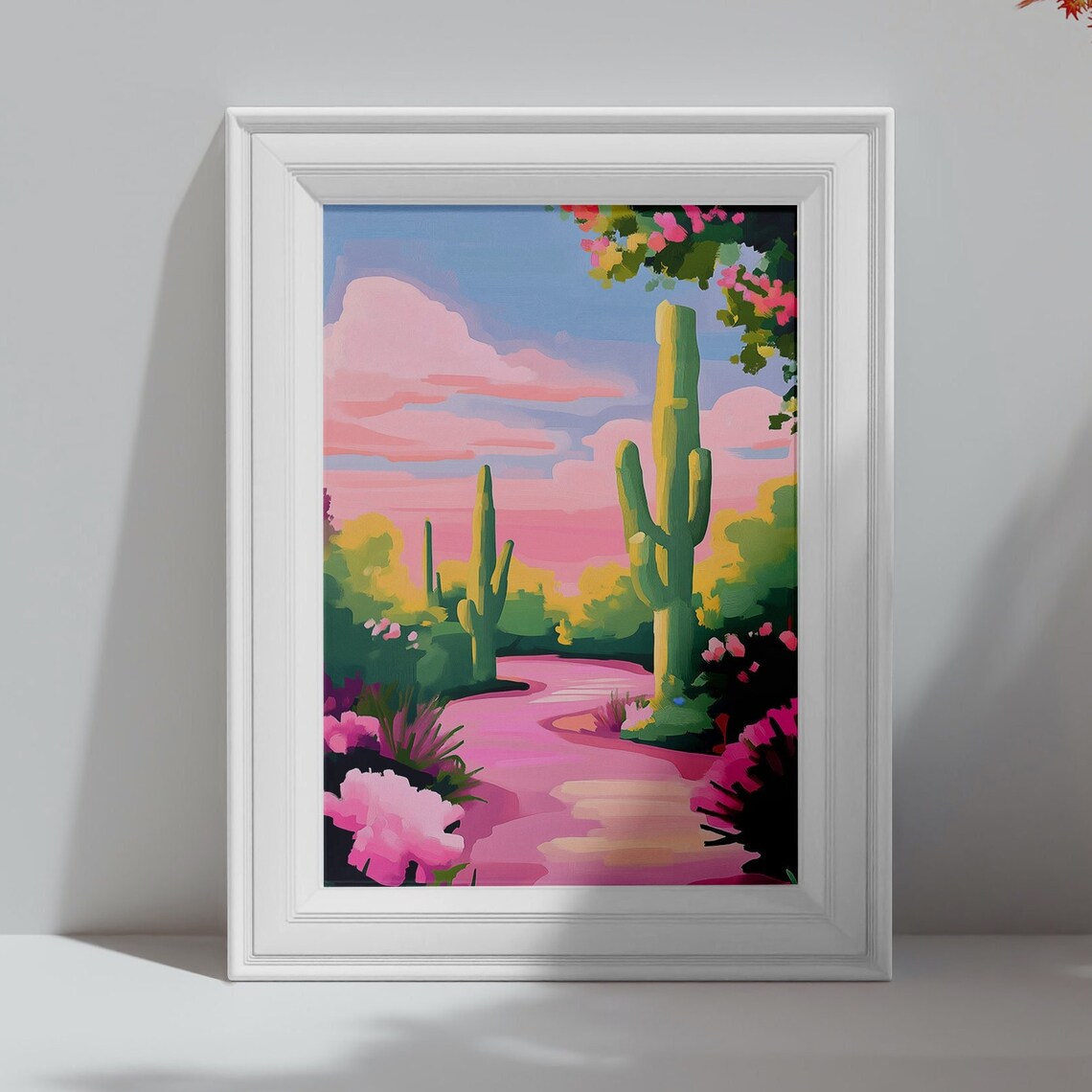Colorful Pink Desert Garden Path Saguaro Cacti Sunset Poster - Image 4