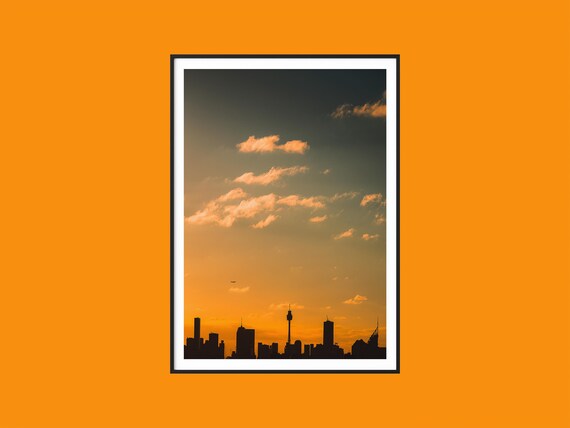 Sydney Skyline Sunset Silhouette Orange Sky City Buildings View Poster