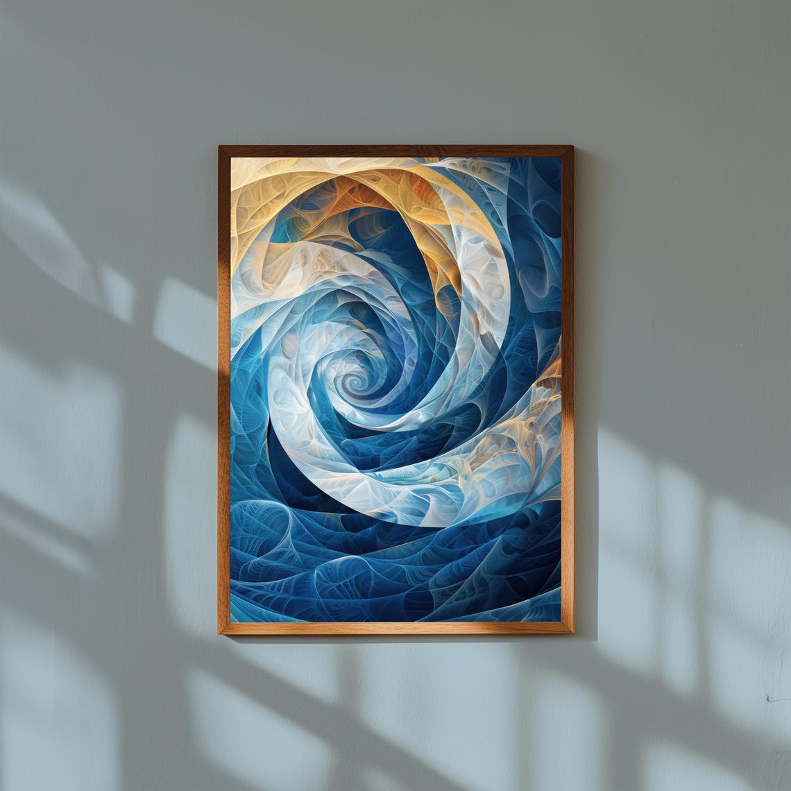 Blue Gold Abstract Spiral Fractal Modern Mathematical Art Print