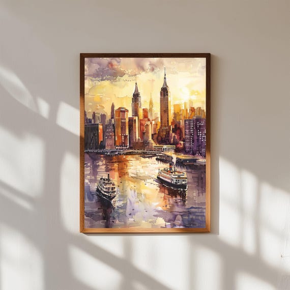 New York City Skyline Sunset Watercolor Print Manhattan Cityscape Wall Art With Boats