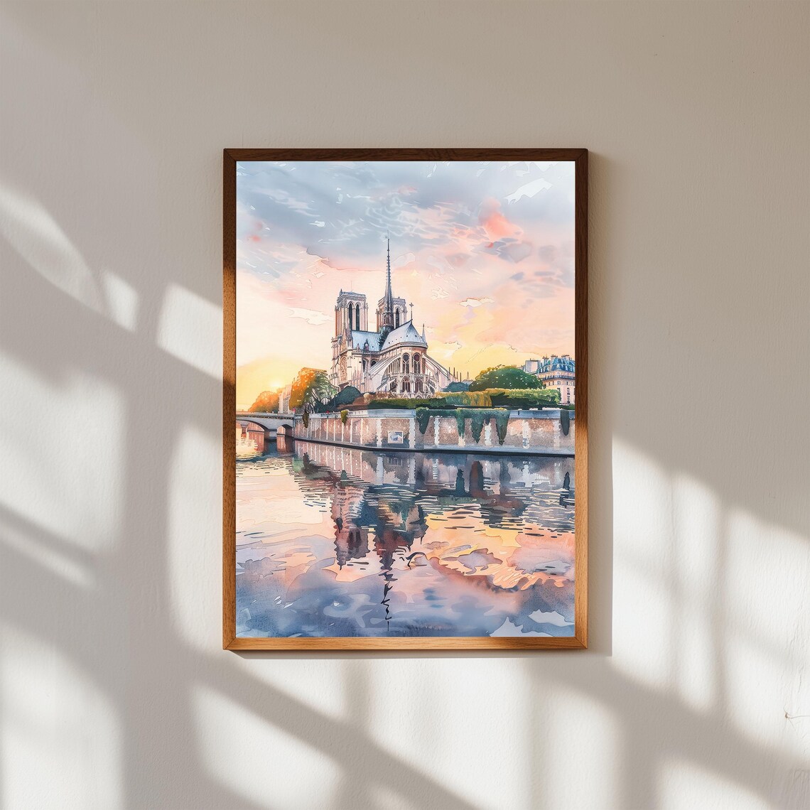 Notre Dame Paris Cathedral Sunset River Seine Watercolor Wall Art