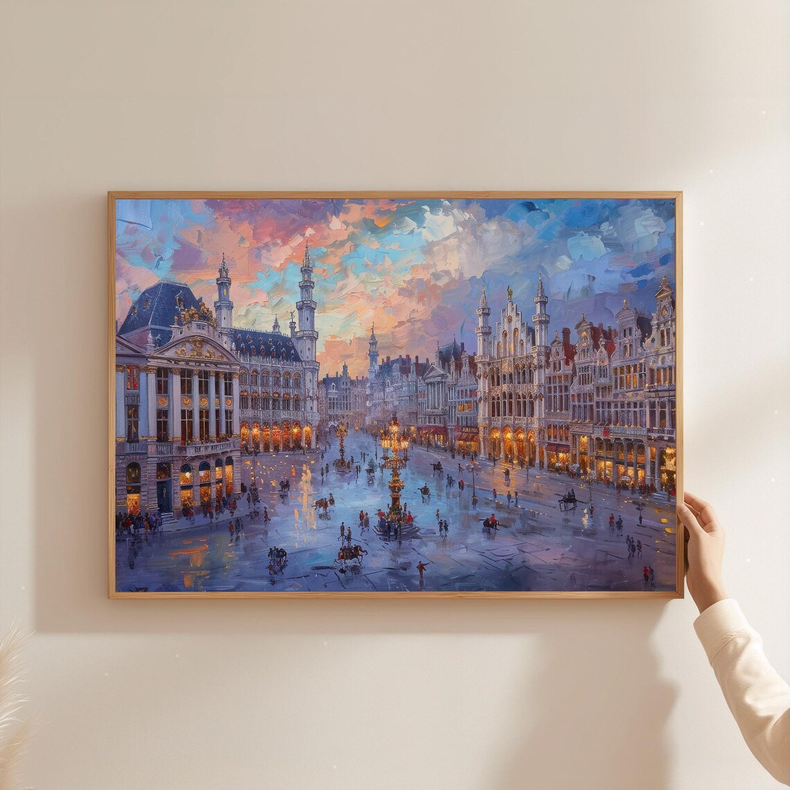 Historic Brussels Grand Place Guildhalls Evening Oil Painting Poster