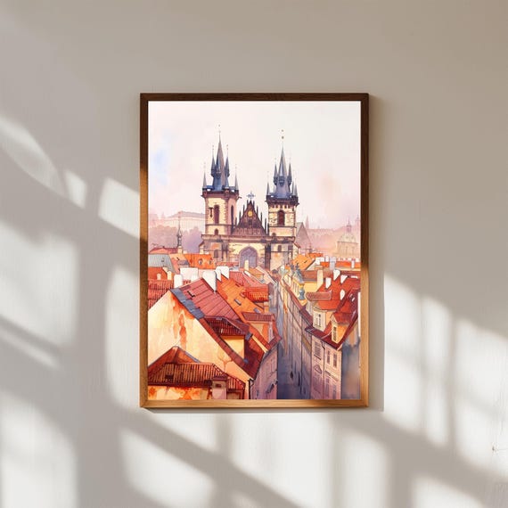 Prague Sunset Watercolor Print Gothic Cathedral Czech Republic