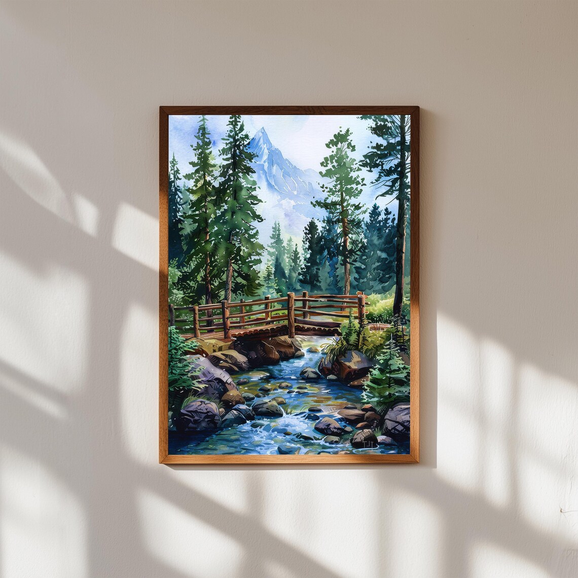 Mountain Stream Watercolor Wooden Footbridge Rocky Creek Forest Print