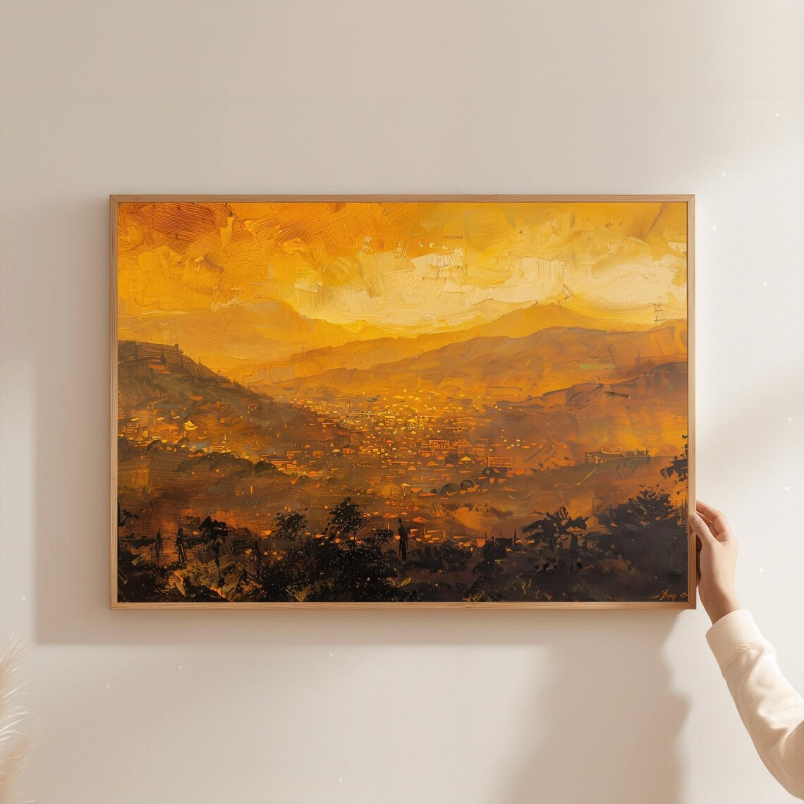 Golden African City Sunset Mountain Valley Warm Oil Style Art Poster