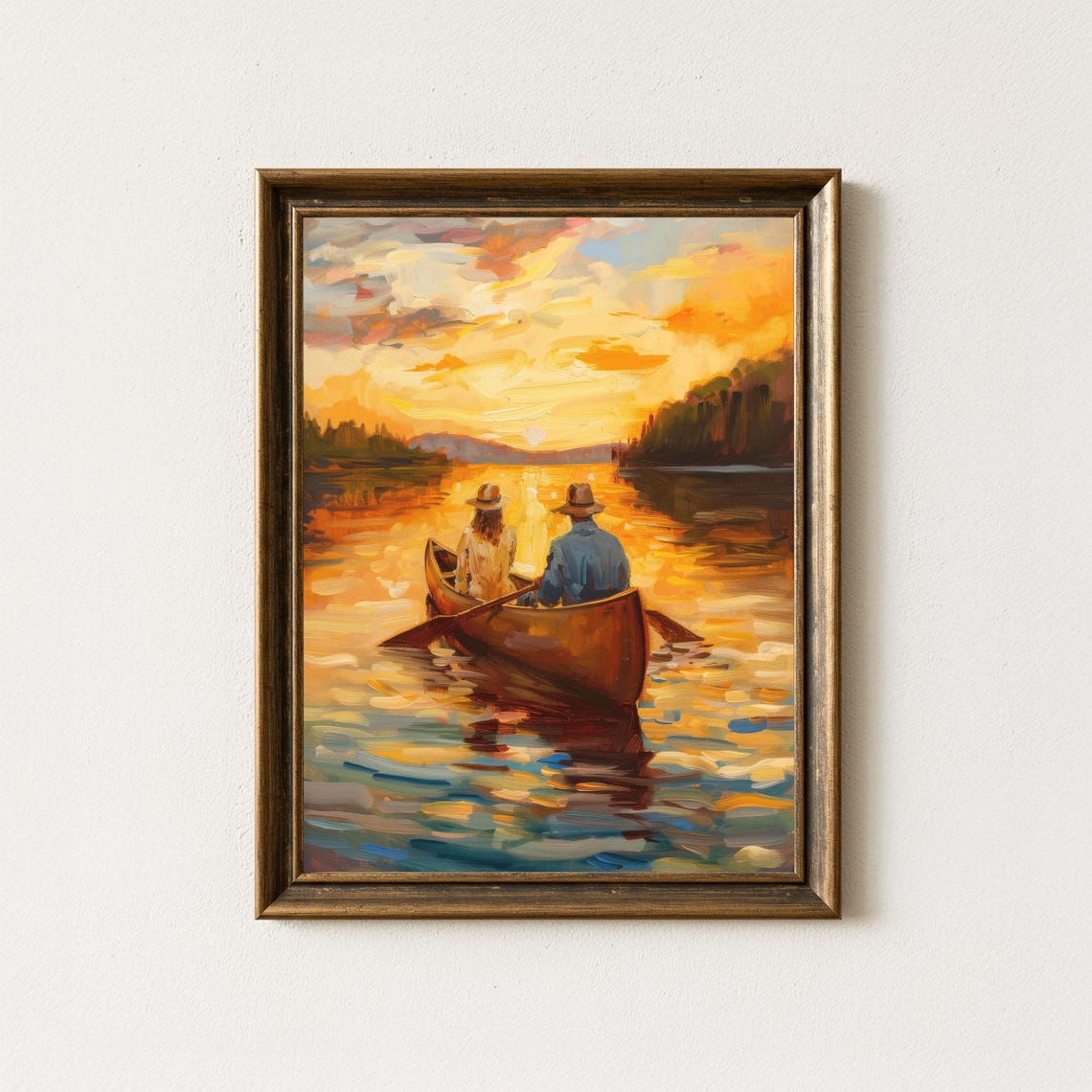 Vintage Canoe Couple Sunset Lake Reflections Warm Glow Wall Art