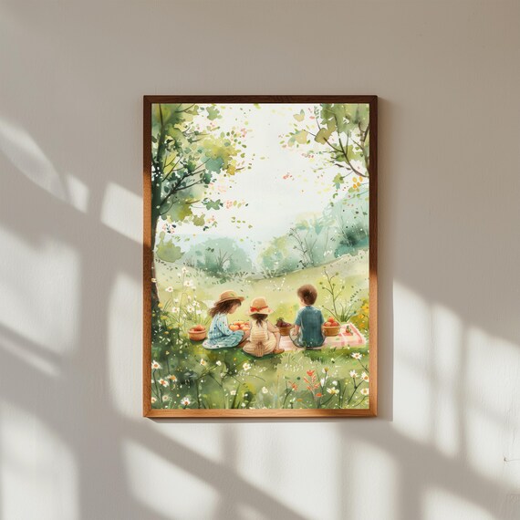 Kids Picnic in Flower Meadow Watercolor Art Print with Fruit Baskets