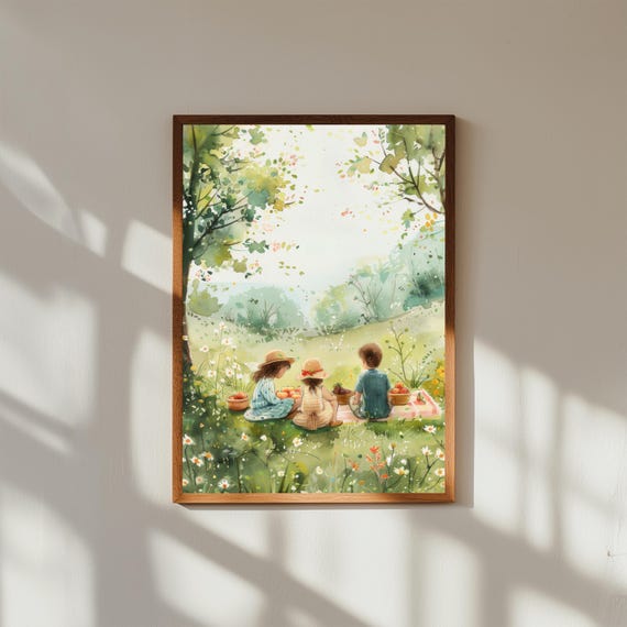 Watercolor Picnic Print Children In Meadow Pastoral Nursery Art