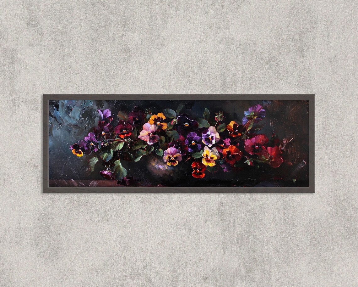 Vintage Pansy Still Life Dark Floral Botanical Oil Painting Poster