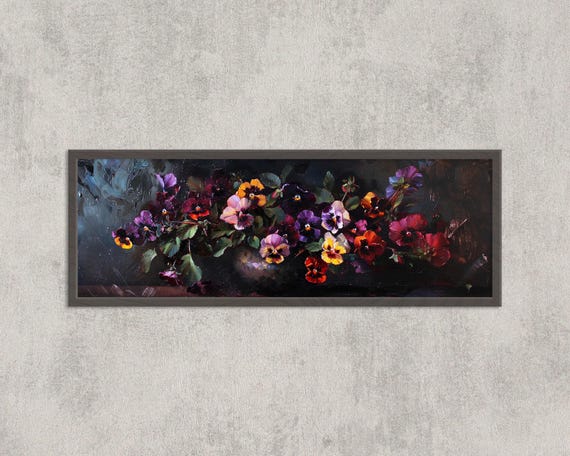 Vintage Pansy Still Life Print Dark Floral Botanical Wall Art Victorian Garden Inspired Painting