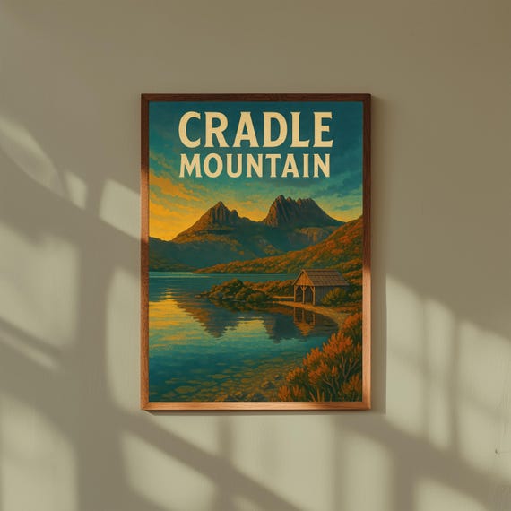 Cradle Mountain Vintage Travel Poster Tasmania Landscape Wall Art Retro National Park Print Australia Nature Illustration Decor